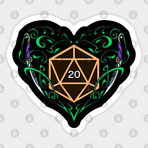 Elvish Heart D20 Dice Dungeons Fantasy Tabletop RPG Roleplaying D20 Gamer Sticker by TheBeardComic